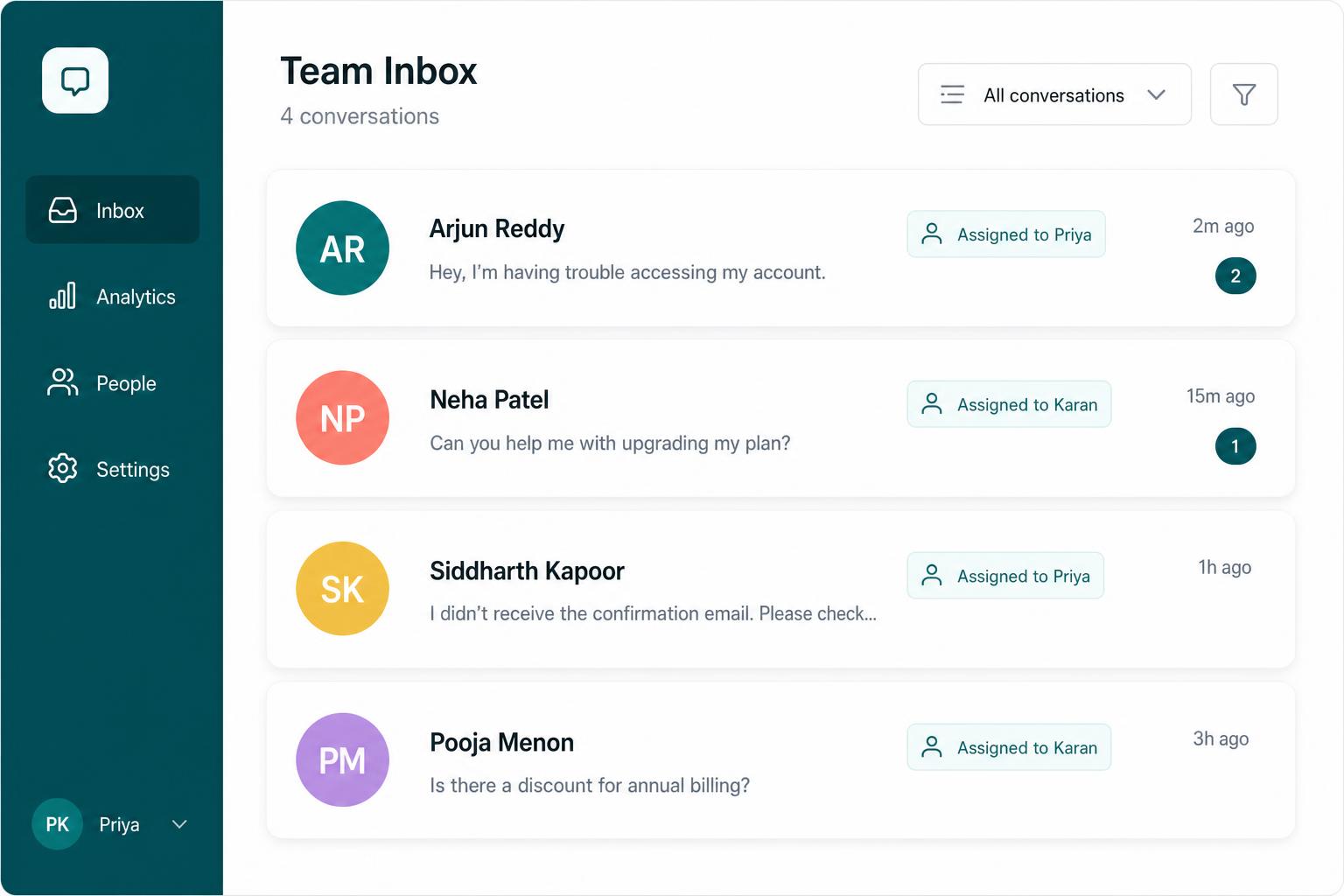 CloseIt Kanban pipeline showing WhatsApp deal cards across sales stages — a Trello-style board for WhatsApp business