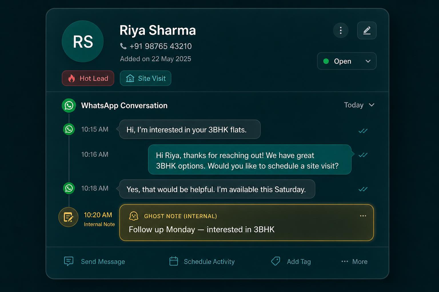 CloseIt ghost note inside a WhatsApp conversation — internal co-founder notes invisible to the customer